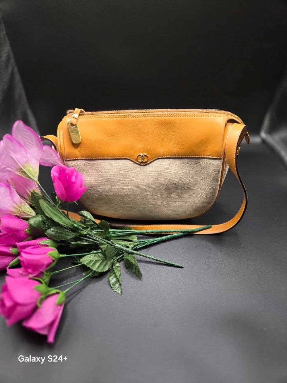 Vintage Gucci GG Monogram Canvas & Leather Crossbody Bag – Beige/Tan